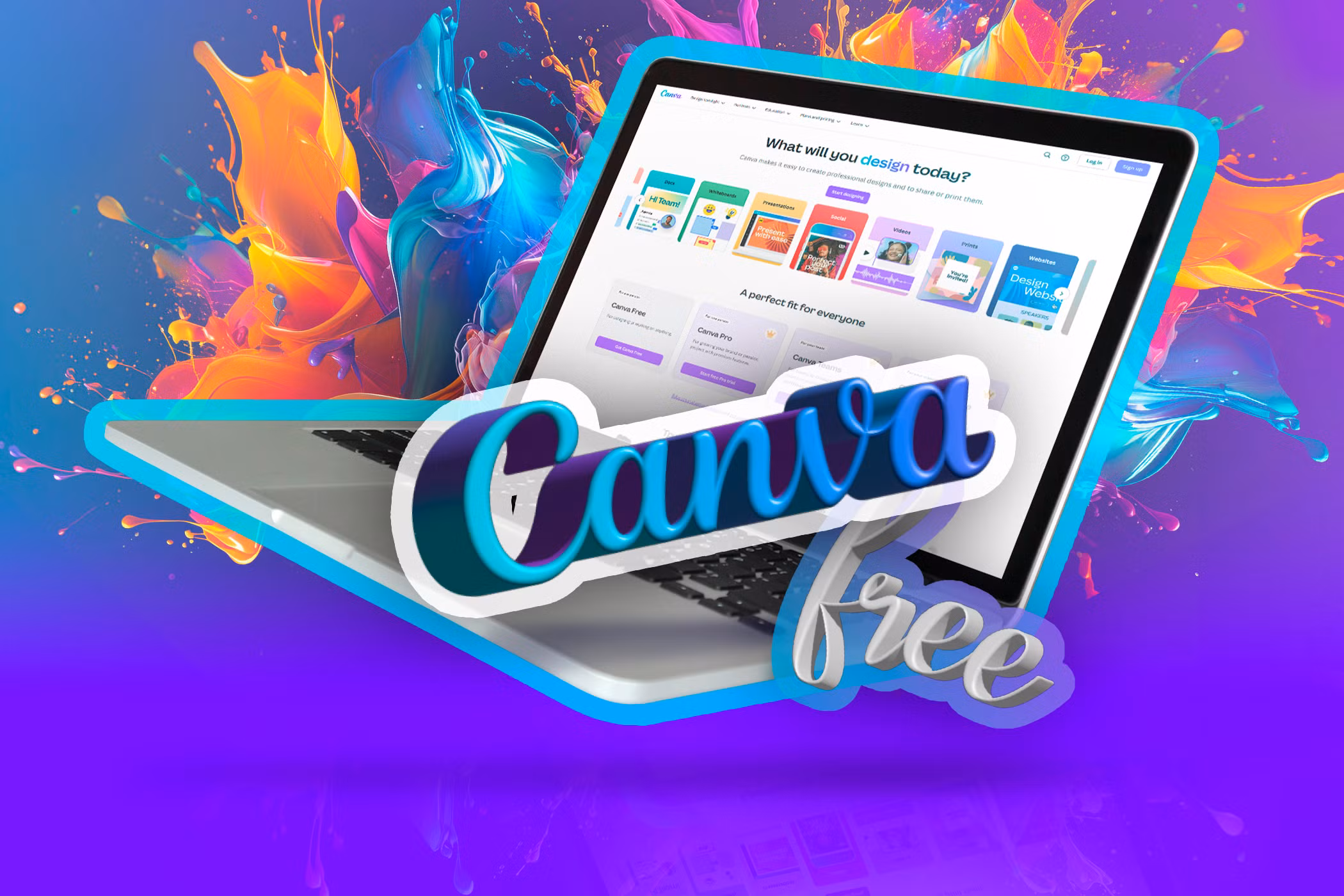 a laptop with canva some paint splashes in the background and the text canva free in 3d in the center