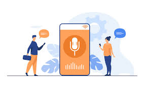 boy and girl standing mobile phone showing icon of voice search 